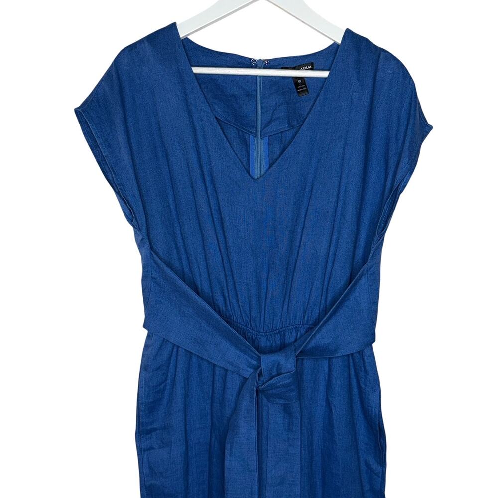 Aqua Women's Blue Tie Waist Linen Jumpsuit Cropped Straight Leg Size Large - Picture 3 of 11